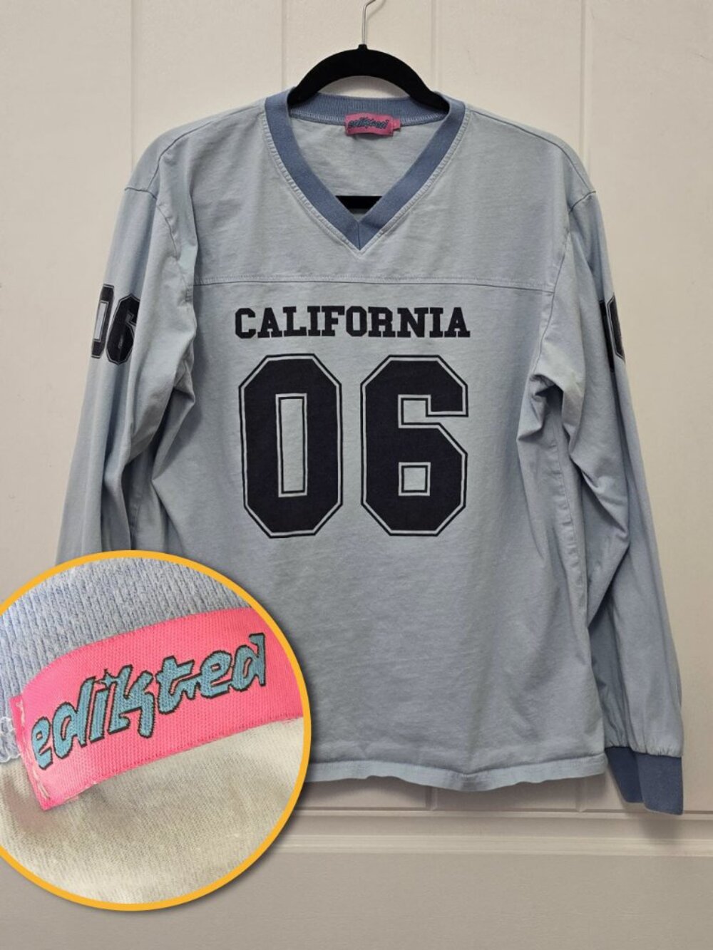 Edikted "California 06" Long Sleeve Jersey V-Neck Varsity Graphic Top, Size L